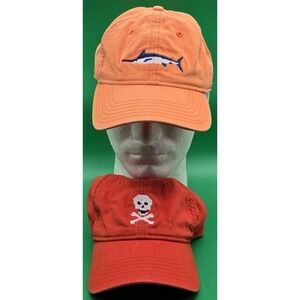 2 Harding Lane Hats Needlepoint Marlin Fish & Skull Cap Lot Orange Red